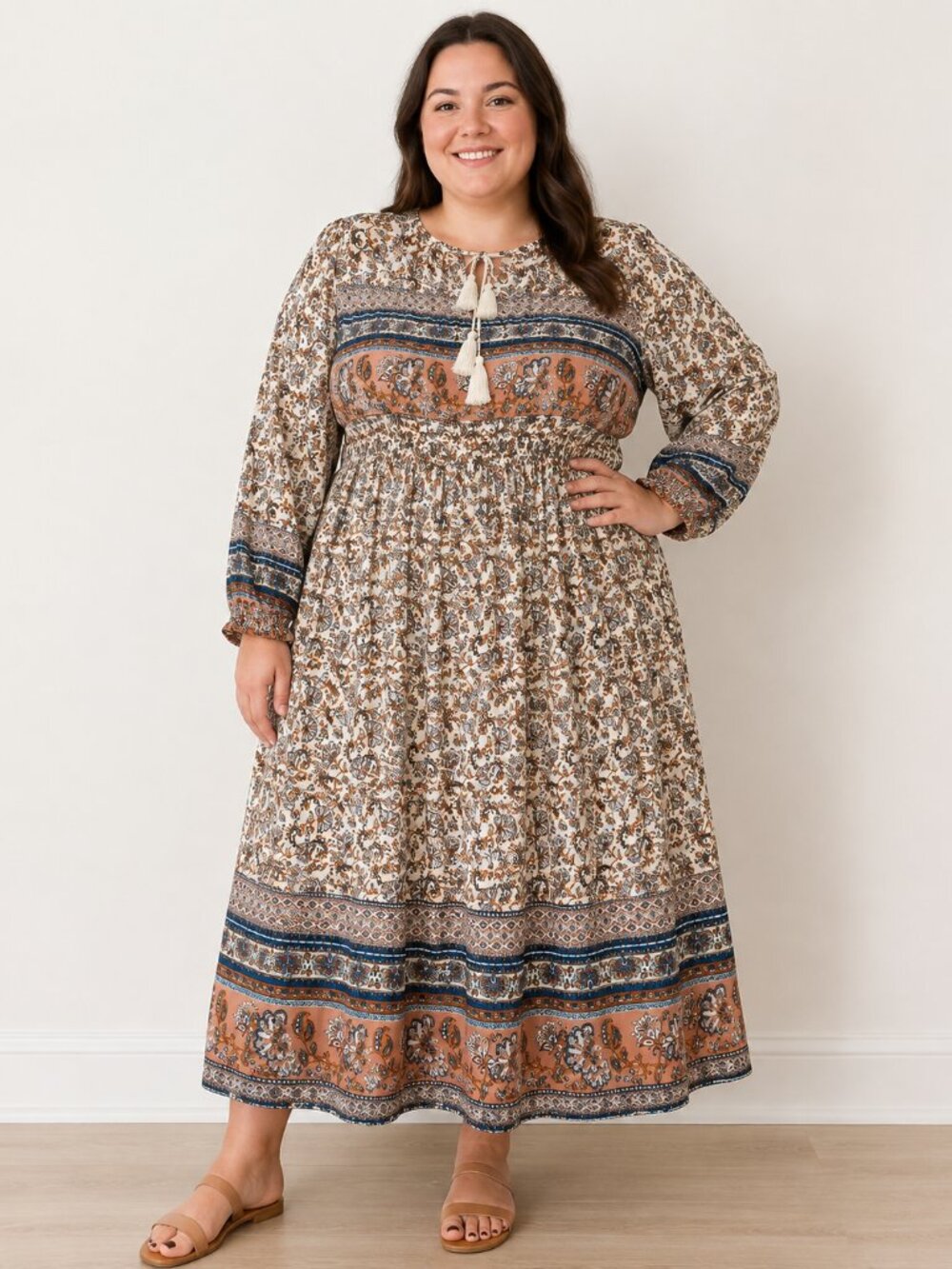 R. Vivimos XL 16/18 Boho Floral Paisley Maxi Dress Tassel Long Sleeve